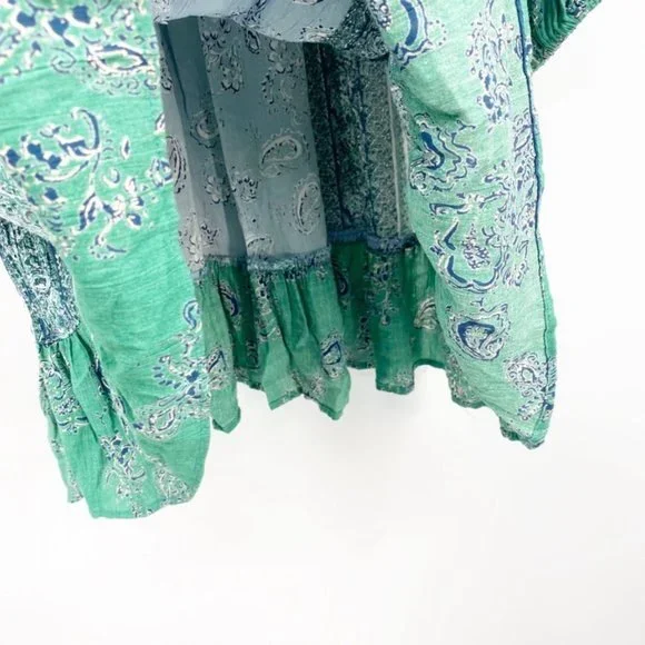 Angie Blue and Green Parsley Print w Balloon Sleeves & Lace detail S - Picture 7 of 10